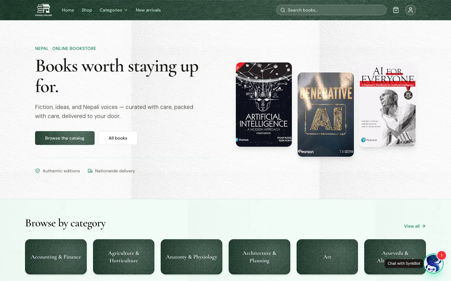 Harek Online homepage with the headline Books worth staying up for, beside featured book covers