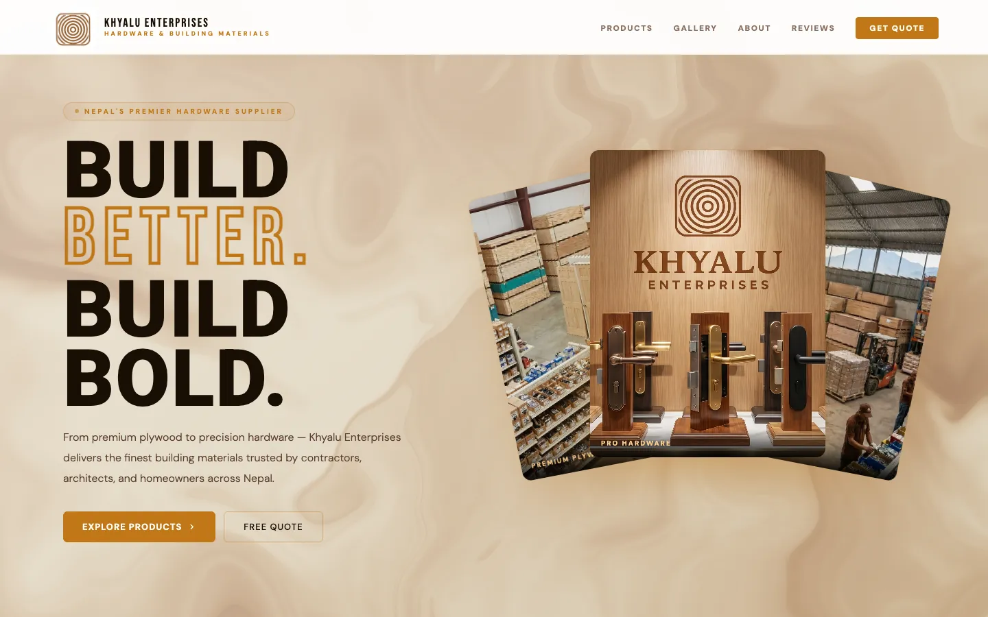 Khyalu Enterprises homepage with the headline Build Better. Build Bold. and product photography of door hardware