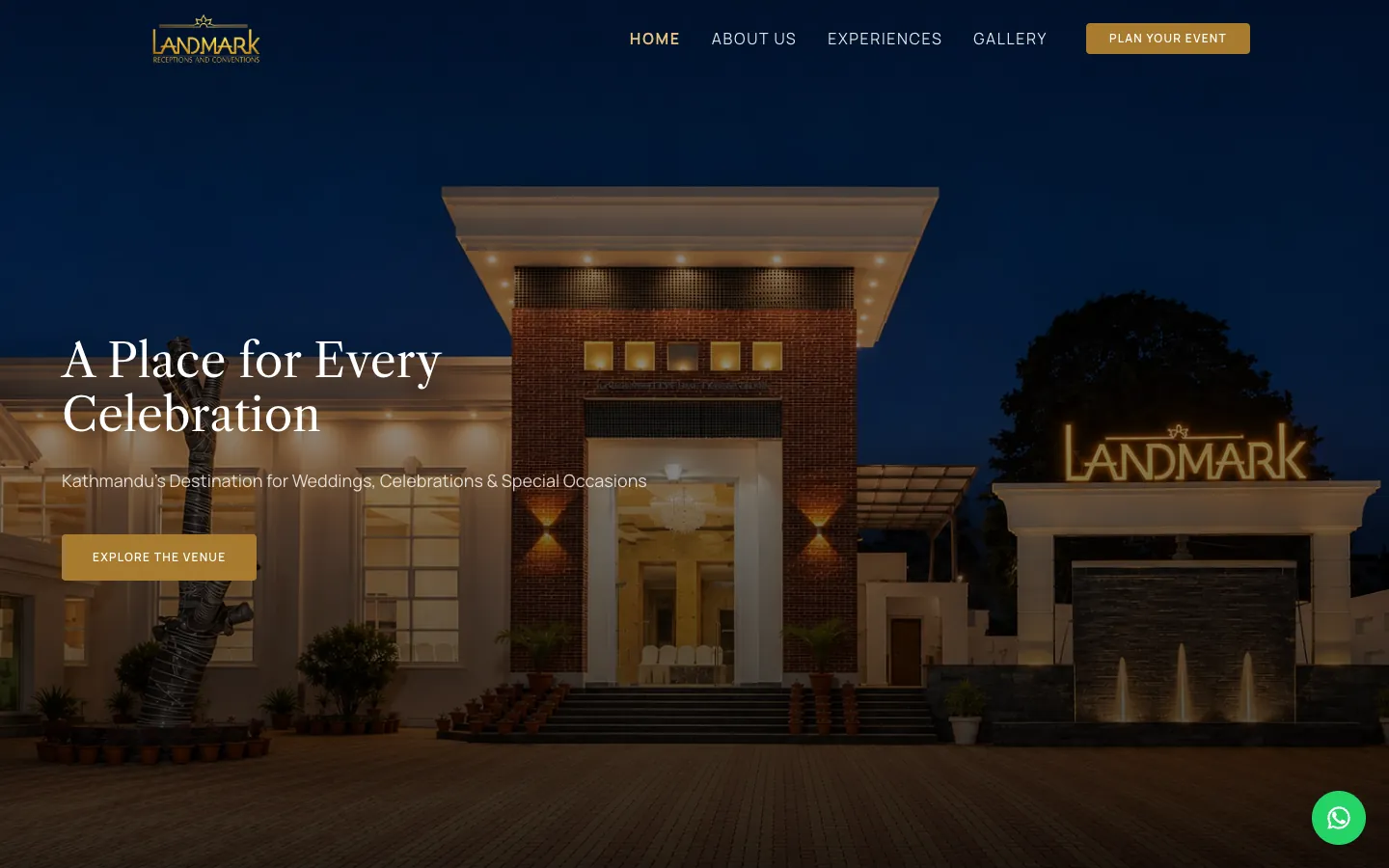 Landmark Receptions homepage: the venue entrance lit at night under the headline A Place for Every Celebration